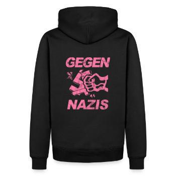 Gegen Nazis, Gegen Rechts Faust. FCK NZS - Männer Premium Bio Hoodie - Schwarz - Hinten - Nico (187cm)