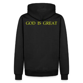 God is great Backprint in gelb - Männer Premium Bio Hoodie - Schwarz - Hinten - Nico (187cm)
