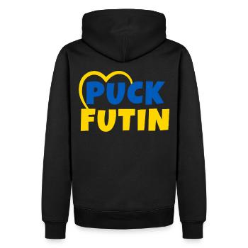 Puck Futin Ukraine Frieden - Männer Premium Bio Hoodie - Schwarz - Hinten - Nico (187cm)