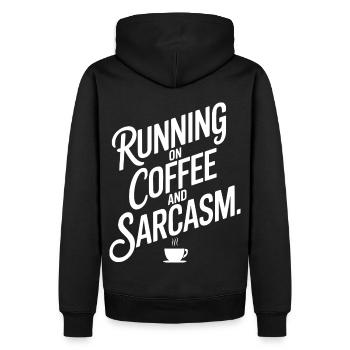"Running on Coffee and Sarcasm" Bold Text Design - Men’s Premium Organic Hoodie - black - Back - Nico (187cm)