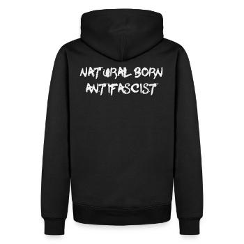 natural born antifaschist aktivist #wirbleibenmehr - Männer Premium Bio Hoodie - Schwarz - Hinten - Nico (187cm)