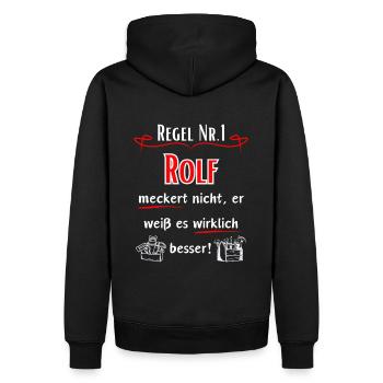 Rolf meckert nicht, er weiß es wirklich Besser ! - Männer Premium Bio Hoodie - Schwarz - Hinten - Nico (187cm)