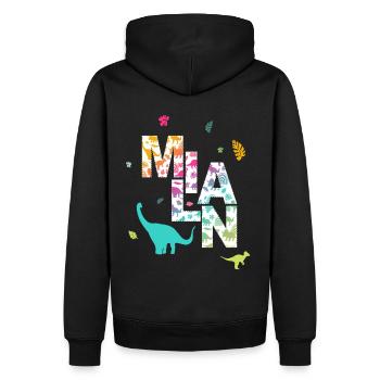 MILAN - Schöner Jungen Name mit Dinosaurier - Männer Premium Bio Hoodie - Schwarz - Hinten - Nico (187cm)