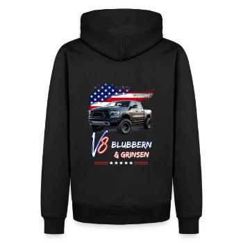 US Pick Up V8 Auto -Blubbern und Grinsen-Pick Up - Männer Premium Bio Hoodie - Schwarz - Hinten - Nico (187cm)