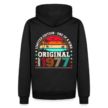 Né en 1977 Janvier 46ème anniversaire Homme cadeau - Sweat à capuche Premium bio Homme - noir - Dos - Nico (187cm)