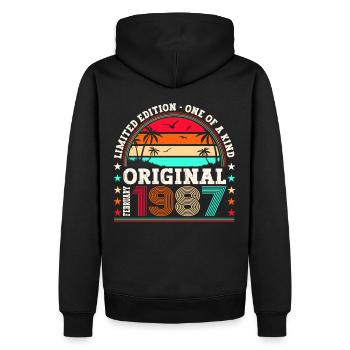 Cadeau d’anniversaire original février millésime 1987 - Sweat à capuche Premium bio Homme - noir - Dos - Nico (187cm)