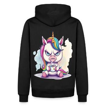 A angry looking unicorn, holding a cup of coffee - Men’s Premium Organic Hoodie - black - Back - Nico (187cm)