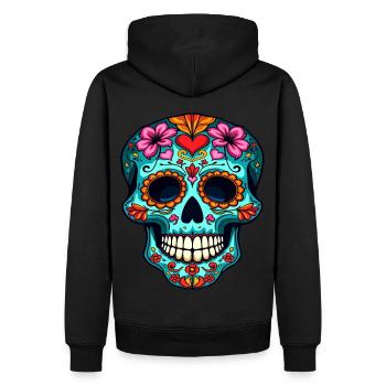 Herz und floraler Zuckerschädel – Festliches Kunstwerk - Männer Premium Bio Hoodie - Schwarz - Hinten - Nico (187cm)
