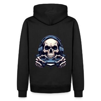 Skelett mit Gamecontroller. Design für Gamer - Männer Premium Bio Hoodie - Schwarz - Hinten - Nico (187cm)