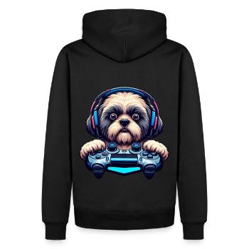 Nerds du jeu, amateurs de chiens Shih Tzu - Sweat à capuche Premium bio Homme - noir - Dos - Nico (187cm)