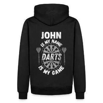 Robuster personalisierter Dartspieler-Designname John - Männer Premium Bio Hoodie - Schwarz - Hinten - Nico (187cm)