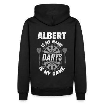 Darter Albert, personalisiertes Dart-Fan-Design - Männer Premium Bio Hoodie - Schwarz - Hinten - Nico (187cm)