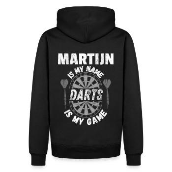 Dartdesign für Martijn, den Fan des Dartsports - Männer Premium Bio Hoodie - Schwarz - Hinten - Nico (187cm)