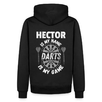 Darts, Darts-Fan Hector personalisierter Dartspieler - Männer Premium Bio Hoodie - Schwarz - Hinten - Nico (187cm)