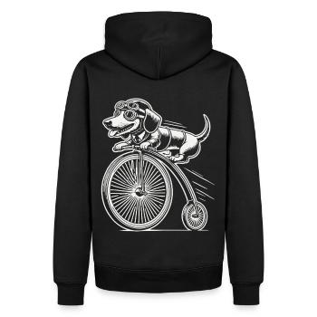 Teckel à vélo dans un style rétro avec humour - Sweat à capuche Premium bio Homme - noir - Dos - Nico (187cm)