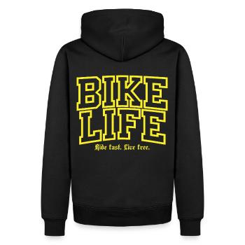 Ride fast Live Free Gelb - Männer Premium Bio Hoodie - Schwarz - Hinten - Nico (187cm)