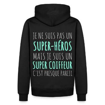 Coiffeur super héros humour coiffeur cadeau - Sweat à capuche Premium bio Homme - noir - Dos - Nico (187cm)