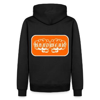 Handwerk Faust Orange - Männer Premium Bio Hoodie - Schwarz - Hinten - Nico (187cm)