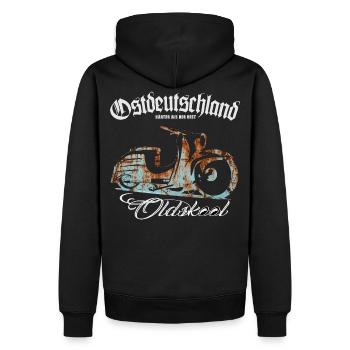 Simson Schwalbe - Ostdeutschland Oldskool - Männer Premium Bio Hoodie - Schwarz - Hinten - Nico (187cm)