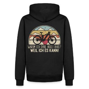 MTB - Warum ich ohne Akku Fahre - Retrocolor - Männer Premium Bio Hoodie - Schwarz - Hinten - Nico (187cm)