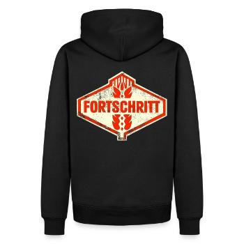 DDR FORTSCHRITT Retro Logo Ostalgie LPG - Männer Premium Bio Hoodie - Schwarz - Hinten - Nico (187cm)
