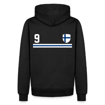 Entdecken Sie Helsinki mit der finnischen Flagge - Männer Premium Bio Hoodie - Schwarz - Hinten - Nico (187cm)