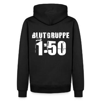 Blutgruppe 1:50 - Zweitakter Oldtimer DDR - Männer Premium Bio Hoodie - Schwarz - Hinten - Nico (187cm)