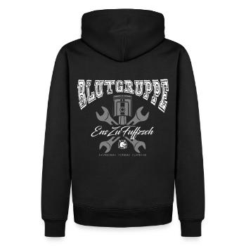 BLUTGRUPPE - EnsZuFuffzsch - 1:50 Ostalgie DDR - Männer Premium Bio Hoodie - Schwarz - Hinten - Nico (187cm)