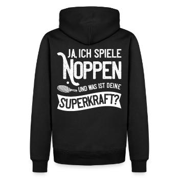 Ja ich spiele Noppen und was ist deine Superkraft? - Männer Premium Bio Hoodie - Schwarz - Hinten - Nico (187cm)