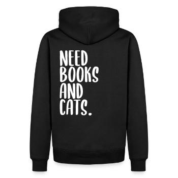 Bücher und Katzen Spruch - Männer Premium Bio Hoodie - Schwarz - Hinten - Nico (187cm)