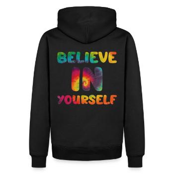 Hippie Spruch Believe in yourself - Männer Premium Bio Hoodie - Schwarz - Hinten - Nico (187cm)