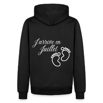 J' arrive en Juillet cadeau naissance futur bébé - Sweat à capuche Premium bio Homme - noir - Dos - Nico (187cm)