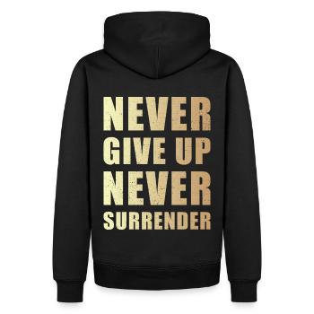 Never give up never surrender - Men’s Premium Organic Hoodie - black - Back - Nico (187cm)