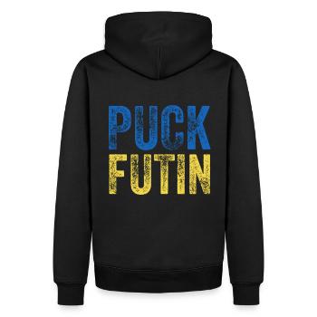 PUCK FUTIN Ukraine - Männer Premium Bio Hoodie - Schwarz - Hinten - Nico (187cm)