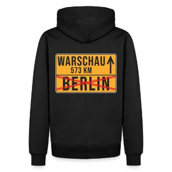 Warschau Berlin Umzug Ortschild - Männer Premium Bio Hoodie - Schwarz - Hinten - Nico (187cm)