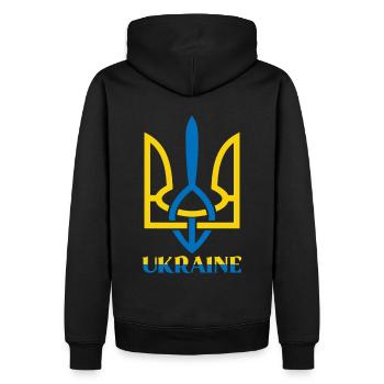 Ukraine Flagge mit Ukraine Symbol - Männer Premium Bio Hoodie - Schwarz - Hinten - Nico (187cm)