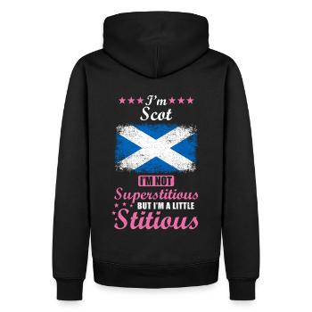 Schottin Frau Superstitious Stitious - Männer Premium Bio Hoodie - Schwarz - Hinten - Nico (187cm)
