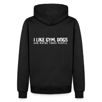 J’aime Gym, Dogs and maybe 3 people - Sweat à capuche Premium bio Homme - noir - Dos - Nico (187cm)