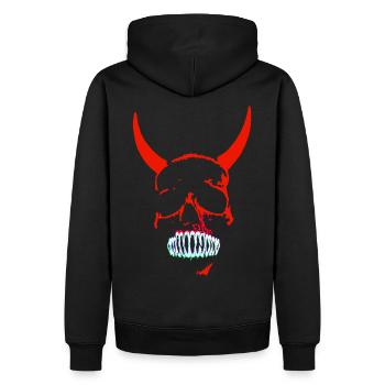 Roter Dämonenschädel Neon - Männer Premium Bio Hoodie - Schwarz - Hinten - Nico (187cm)