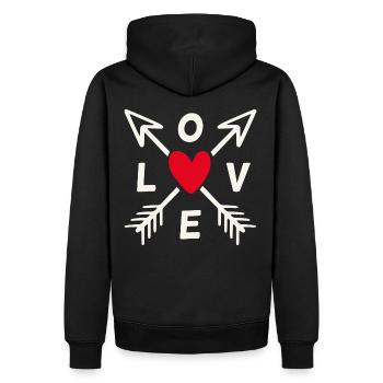 Love mit Pfeilen und rotem Herz - Männer Premium Bio Hoodie - Schwarz - Hinten - Nico (187cm)