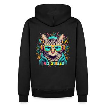 Katze mit Kopfhörer Lustiger Spruch NO STRESS - Männer Premium Bio Hoodie - Schwarz - Hinten - Nico (187cm)