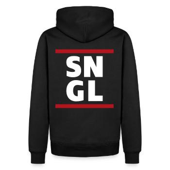 Single SNGL Typographie Spruch Zitat - Männer Premium Bio Hoodie - Schwarz - Hinten - Nico (187cm)