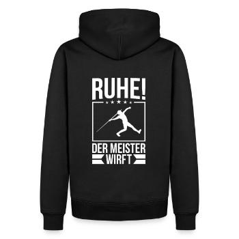 Ruhe! Der Meister wirft! Speerwurf Speerwerfen - Männer Premium Bio Hoodie - Schwarz - Hinten - Nico (187cm)