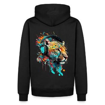Leopard mit Kopfhörern DJ - Männer Premium Bio Hoodie - Schwarz - Hinten - Nico (187cm)