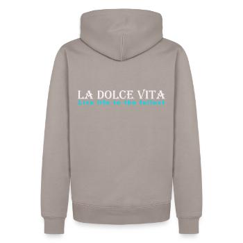 Italo Disco shirt La Dolce Vita t-shirt - Men’s Premium Organic Hoodie - taupe - Back - Nico (187cm)