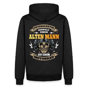 Senior homme sur un motard - Sweat à capuche Premium bio Homme - noir - Dos - Nico (187cm)