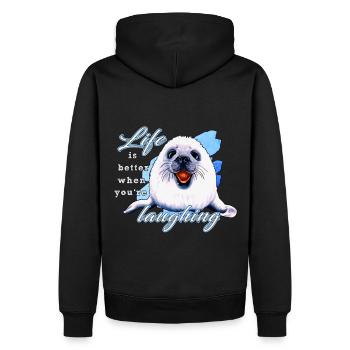 Sceau qui rit Oeuvre de Yolo - Sweat à capuche Premium bio Homme - noir - Dos - Nico (187cm)