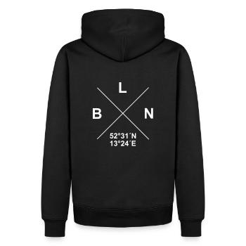 Berlin Coordinates – Chaos with Style - Men’s Premium Organic Hoodie - black - Back - Nico (187cm)