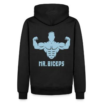 Mr. Biceps (Bodybulding / Bizeps / Muskeln) - Männer Premium Bio Hoodie - Schwarz - Hinten - Nico (187cm)
