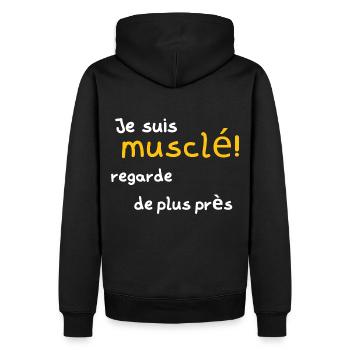 Ich bin muskulös, schau dir das genauer an - Männer Premium Bio Hoodie - Schwarz - Hinten - Nico (187cm)